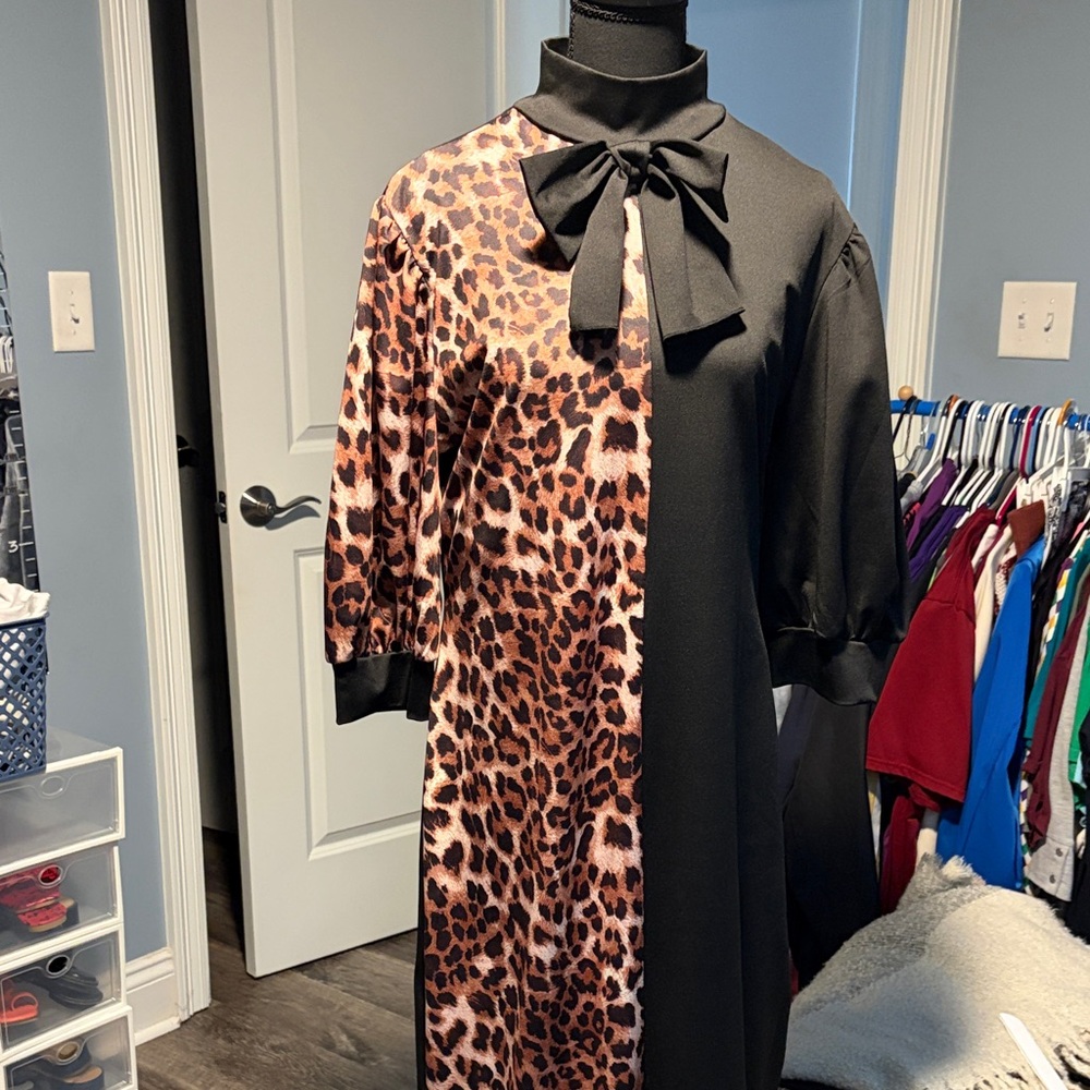 Black & Leopard Print Maxi Dress with Bow Tie